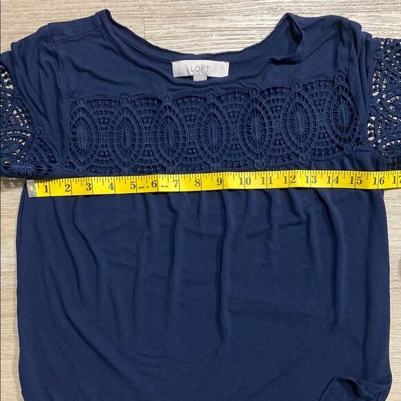 LOFT Navy Crochet Lace Yoke Short Sleeve Blouse XS Boho Feminine Top - Picture 9 of 12